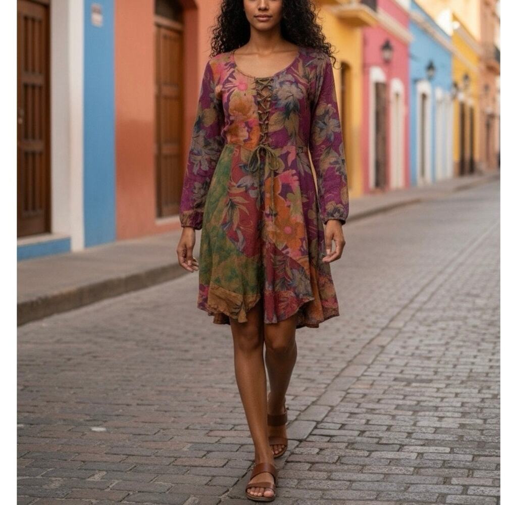 Sacred Threads Dress Boho floral Rayon Size S/M